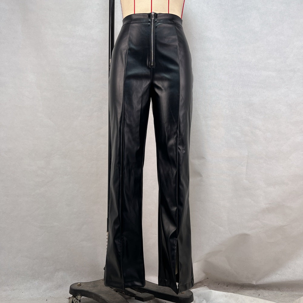 PEOPLETERRITORY 2025 leather casual pants, autumn and winter high-waisted and thin casual straight-leg pants PU wide-leg leather pants solid color split ends