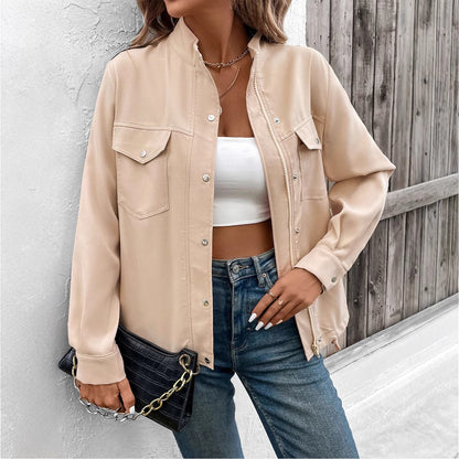 PEOPLETERRITORY New Hot Trade  New Spring and Autumn  Women's Clothing  Stand-up Collar Solid Color Jacket Women