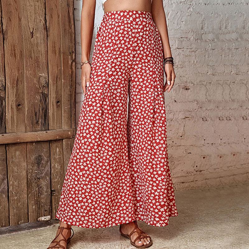 PEOPLETERRITORY New Popular trade popular summer new 2025 red pants high waist floral horn wide-leg pants women