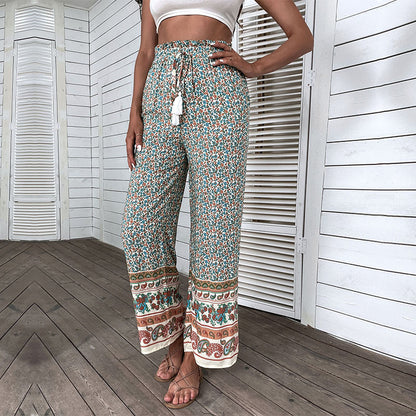 PEOPLETERRITORY New Popular trade popular new hot-selling 2025 summer printing pants Bohemian elastic wide-leg pants