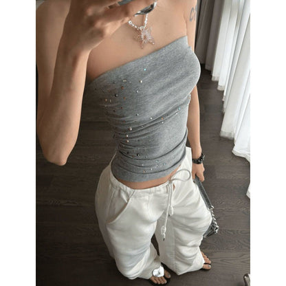 Territory frat outfits Gray Tube Top for Women Autumn Elegant Small-Looking Hot Girl Slim Fit Slimming Tight All-Match Short off-Shoulder Top