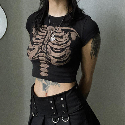 Territory 90s streetwear American Retro Dark Style round Neck Skeleton Printed Slim High Waist Navel Women's T-shirt