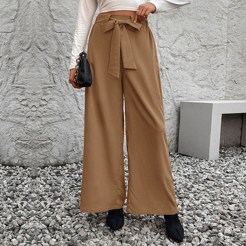 PEOPLETERRITORY popular  autumn new solid color lace-up high-waisted straight wide-leg pants simple high-end versatile trousers women