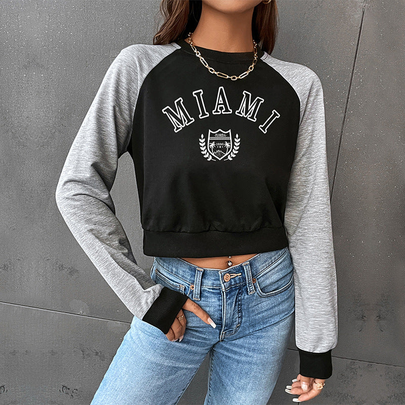 PEOPLETERRITORY popular new spring leisure sports college style 2025 color matching short navel round neck letter pullover sweater women