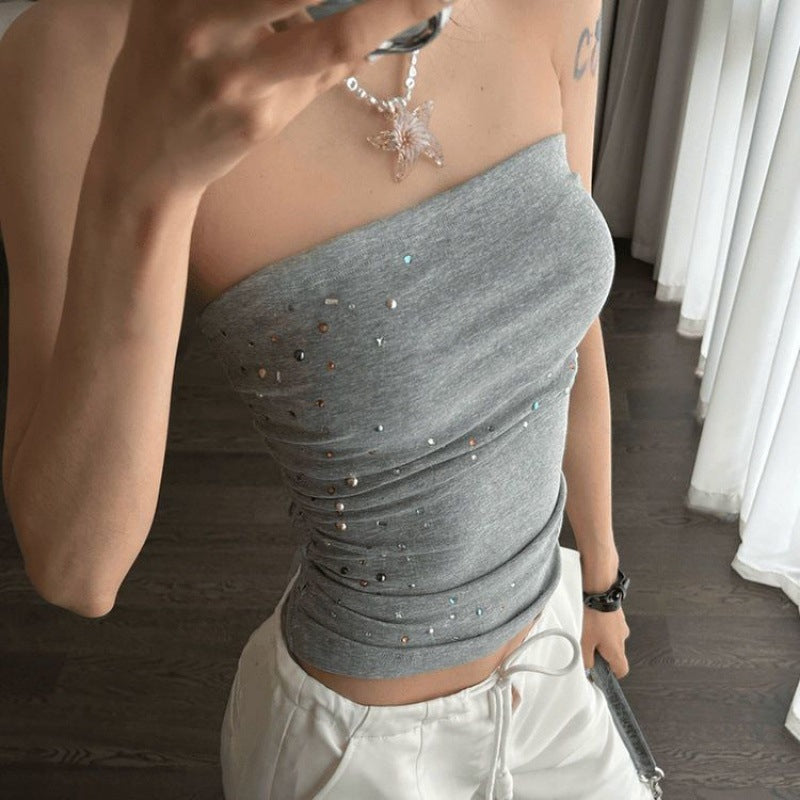 Territory frat outfits Gray Tube Top for Women Autumn Elegant Small-Looking Hot Girl Slim Fit Slimming Tight All-Match Short off-Shoulder Top