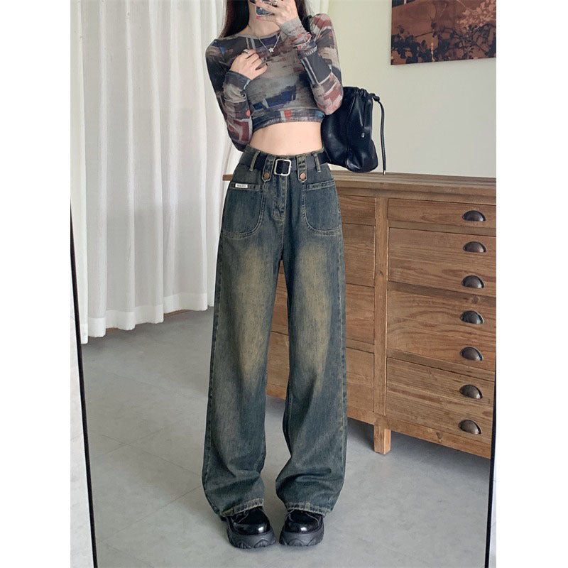 Territory frat boy outfits plus Size Women's Retro Jeans Autumn 2024 New Chubby Girl High Waist Slimming Straight Wide Leg Pants