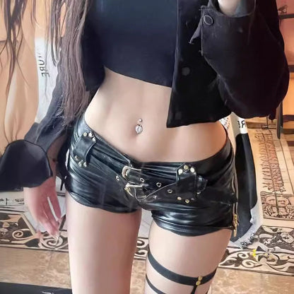 Territory frat outfits Women's Retro Nightclub Sexy Low Waist Hip PU Leather Motorcycle Belt Super Shorts