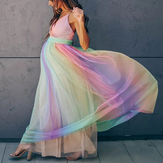 Territory colors of the rainbow dress to impress Spring and Summer New Pregnant Mother Pregnant Women Large Swing Mesh Rainbow Printing Dress