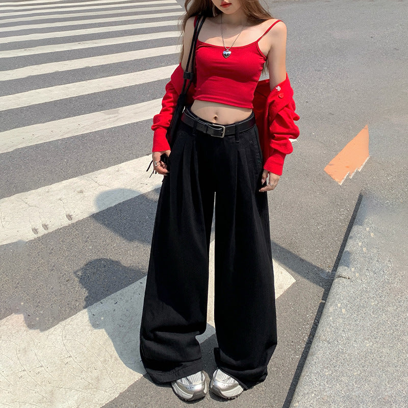 Territory 90s fashion men White Wide-Leg Jeans Women's Autumn High Waist Slimming Draping Pleated Loose Slimming Straight Mop Pants