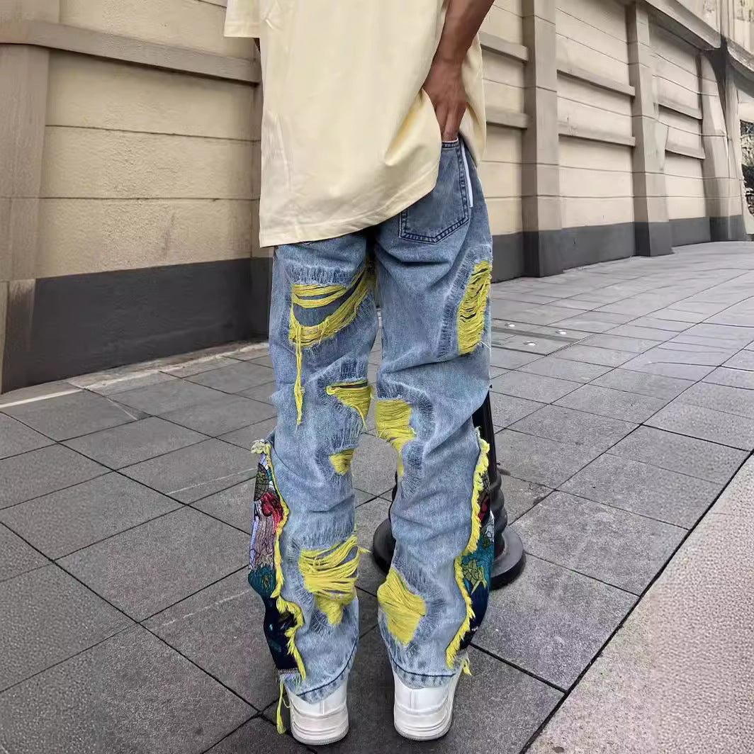 Territory drip outfit men High Street American Contrast Color Patch Bird Plum Embroidery Worn Niche Jeans Men's and Women's Same Loose Trousers