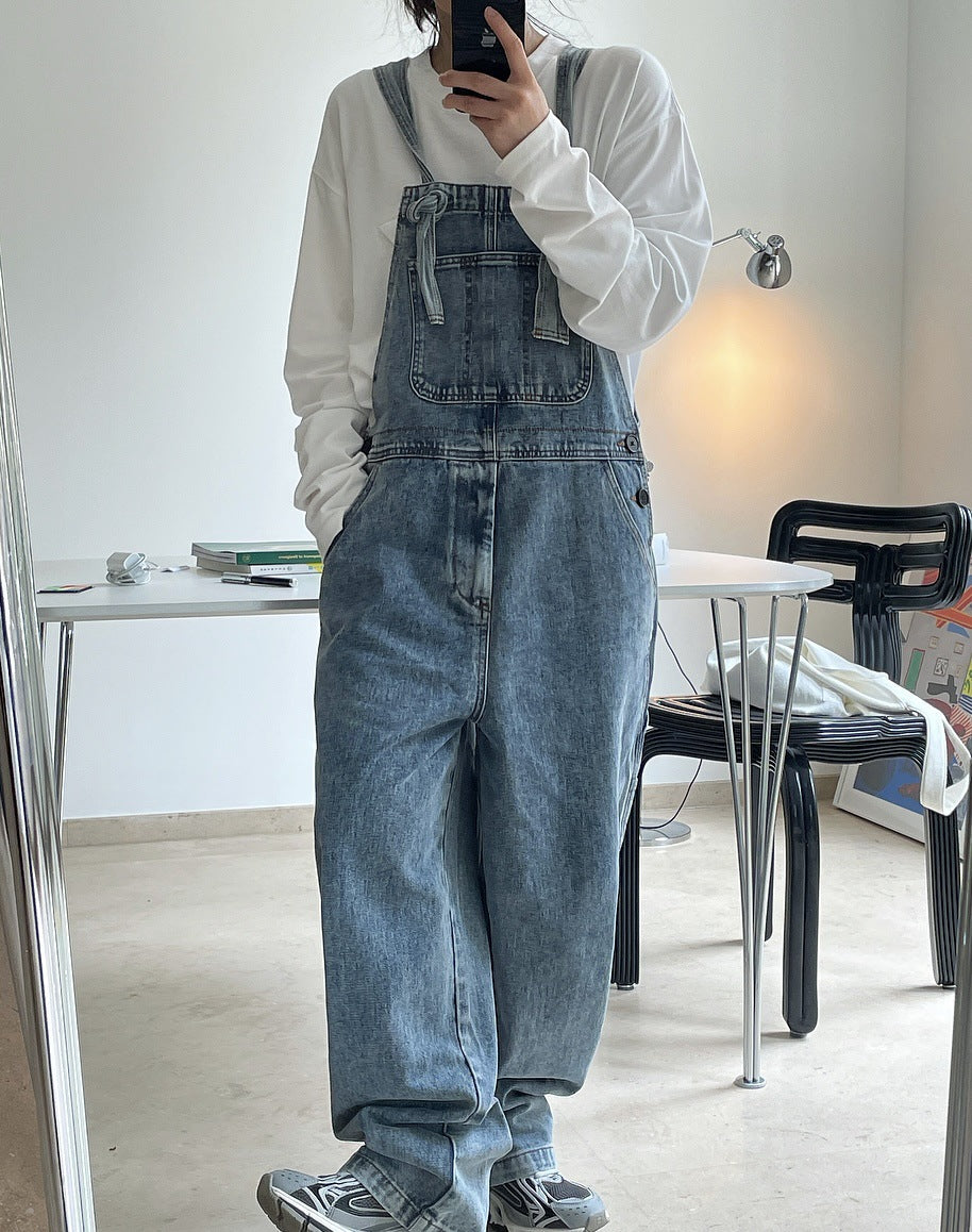 Territory 90s streetwear Early Autumn New Style American Retro High Waist Wide Leg Denim Suspender Pants Loose Slimming Washed Age-Reducing Mopping Trousers for Women