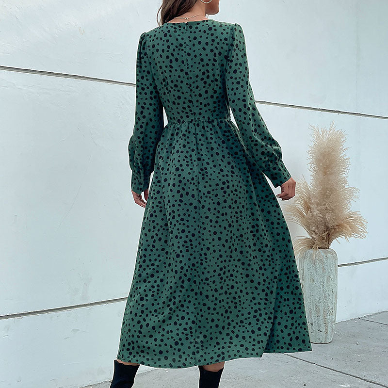 PEOPLETERRITORY New autumn 2025 medium and long skirts commuter V-neck kinked leopard print dress