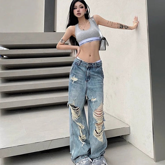 Territory 90s streetwear Niche Loose Slimming Ripped Wide-Leg Pants 2024 Summer New American Chic High Street Fashion High Waist Mopping Pants