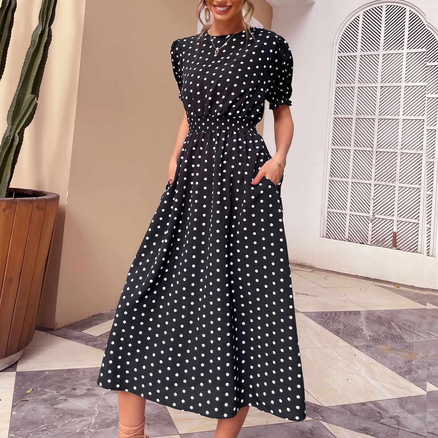 PEOPLETERRITORY New summer new 2025 popular medium and long dresses retro short-sleeved polka dot dresses cross-border pocket skirts