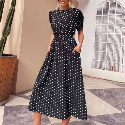 PEOPLETERRITORY New summer new 2025 popular medium and long dresses retro short-sleeved polka dot dresses cross-border pocket skirts