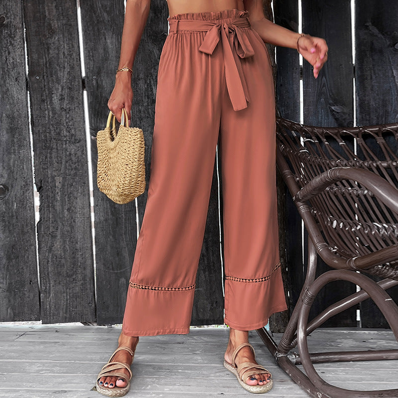 PEOPLETERRITORY popular summer casual splicing pants 2025 Popular trade hot sale nine-point straps New Popular trade elastic wide-leg pants women