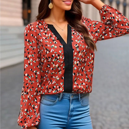 PEOPLETERRITORY 2025 New Popular trade women's clothing spring and autumn comfortable casual long-sleeved top V-neck contrasting splicing blouse