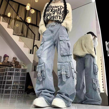 Territory birthday outfit American Style Street Work Jeans Women's Design Multi-Pocket High Waist Loose Mopping Pants Fashion