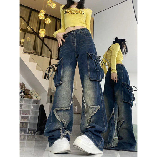 Territory 90s streetwear American Ins Retro Five-Pointed Star Workwear Jeans Women's Autumn and Winter High Street Loose Slimming Straight Pants Fashion