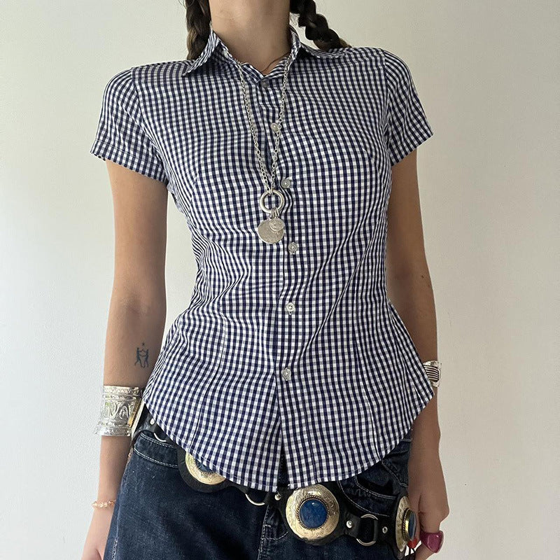 Territory 90s fashion Retro Casual Style Blue Plaid Short-Sleeved Shirt Women's Polo Collar Tight Waist Tight Single-Breasted Top