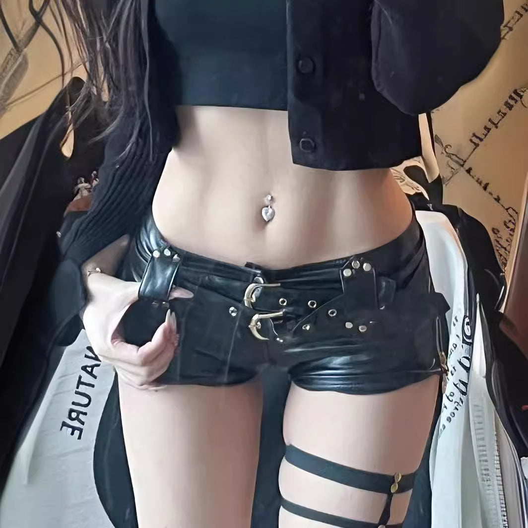 Territory frat outfits Women's Retro Nightclub Sexy Low Waist Hip PU Leather Motorcycle Belt Super Shorts