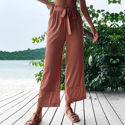 PEOPLETERRITORY popular summer casual splicing pants 2025 Popular trade hot sale nine-point straps New Popular trade elastic wide-leg pants women