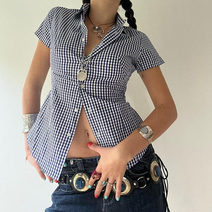 Territory 90s fashion Retro Casual Style Blue Plaid Short-Sleeved Shirt Women's Polo Collar Tight Waist Tight Single-Breasted Top