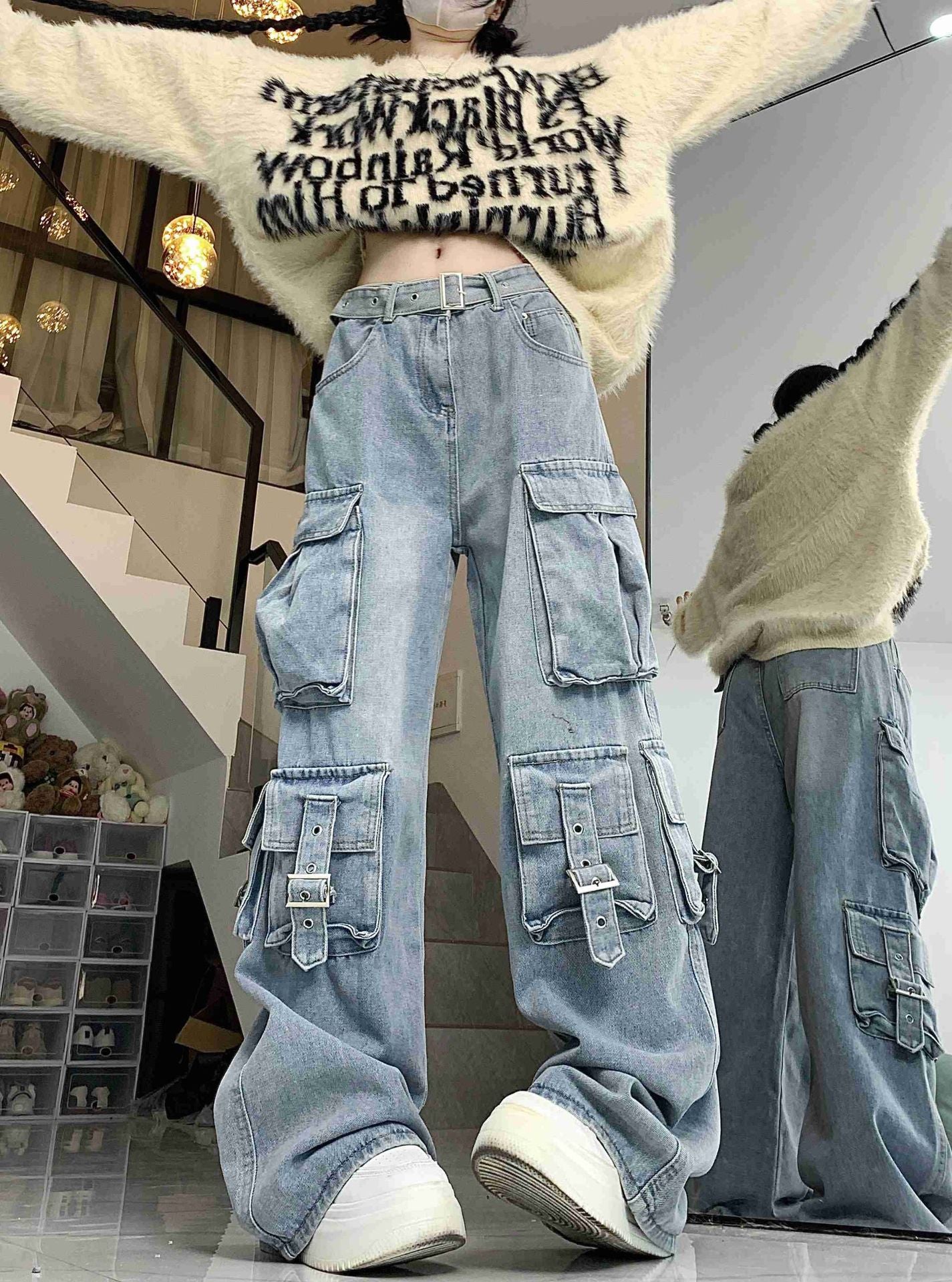 Territory birthday outfit American Style Street Work Jeans Women's Design Multi-Pocket High Waist Loose Mopping Pants Fashion