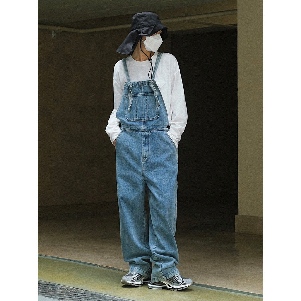 Territory 90s streetwear Early Autumn New Style American Retro High Waist Wide Leg Denim Suspender Pants Loose Slimming Washed Age-Reducing Mopping Trousers for Women