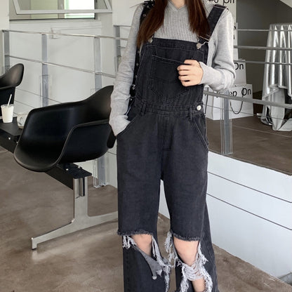 Territory guys clothing styles Black and Gray Ripped Denim Suspender Pants Women's Korean-Style High Waist Loose Slimming Straight Wide-Leg Pants