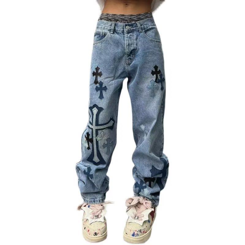 Territory 90s streetwear American High Street Original Patch Cross Embroidered Jeans Men's and Women's National Fashion All-Match Slim Slimming Long Pants Fashion