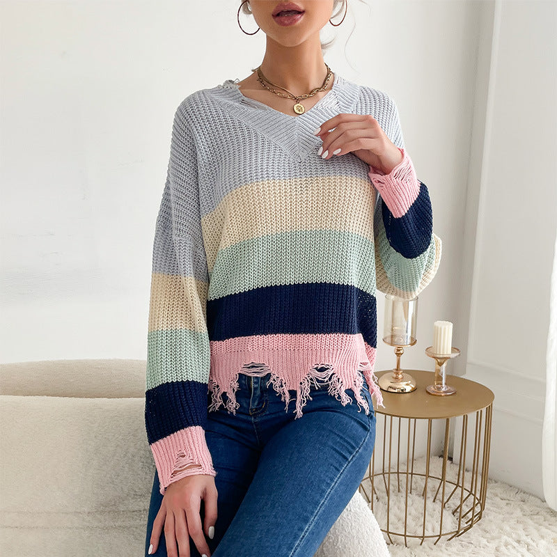 PEOPLETERRITORY New women's clothing popular spring and autumn new product long-sleeved contrasting striped v-neck knitted ripped sweater women