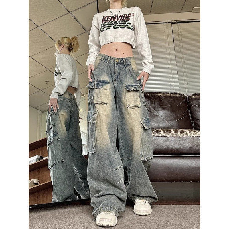 Territory 90s streetwear American Retro High Street Wide Leg Workwear Jeans Women's Autumn New Low Waist Design Loose Slimming Pants Fashion