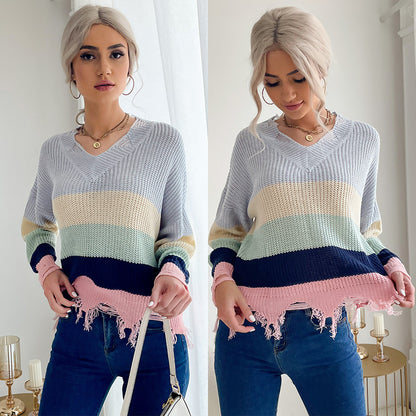 PEOPLETERRITORY New women's clothing popular spring and autumn new product long-sleeved contrasting striped v-neck knitted ripped sweater women