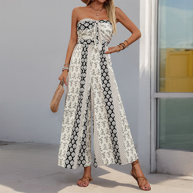 PEOPLETERRITORY ,  are hot in summer, high-waisted lace-up wide-leg pants, splicing ethnic style casual wide-leg trousers