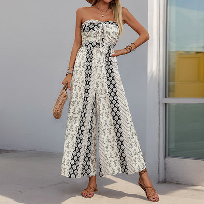 PEOPLETERRITORY ,  are hot in summer, high-waisted lace-up wide-leg pants, splicing ethnic style casual wide-leg trousers