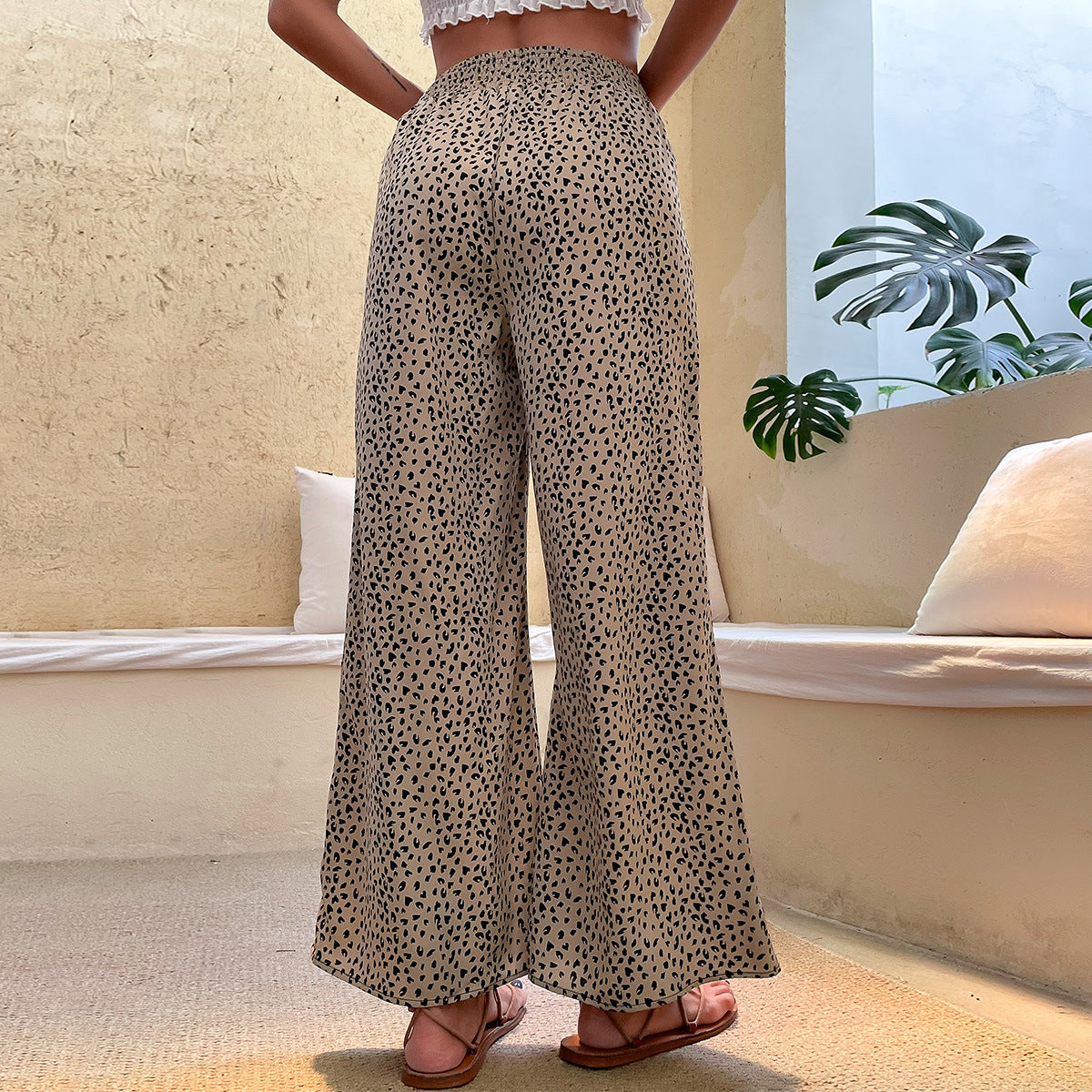 PEOPLETERRITORY New popular new 2025 summer leopard print pants casual nine-point wide-leg pants