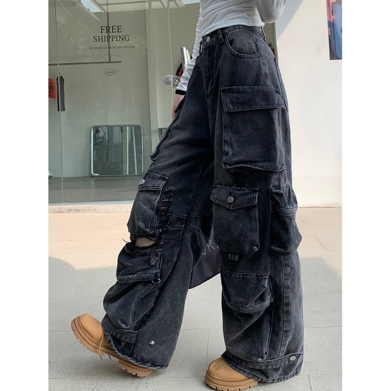 Territory non binary outfits American-Style Washed Worn Multi-Pocket Workwear Jeans Women's Street Straight Loose Wide-Leg Trousers