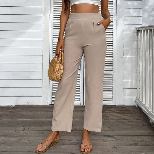 PEOPLETERRITORY New Popular trade popular new summer 2025 pants cotton and linen pants high waist solid color nine-point straight pants women