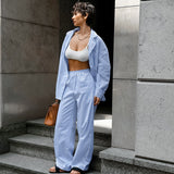 Territory outfit inspo Fall 2024 Blue Striped Long-Sleeved Trousers Women's Home Wear Comfortable Casual Pajamas Two-Piece Set