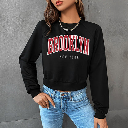 PEOPLETERRITORY popular new spring leisure sports college style top New Popular trade short navel crew neck letter sweater