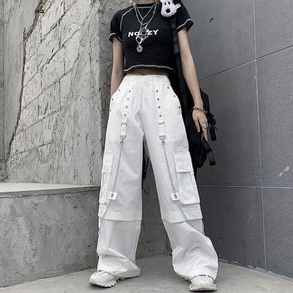 Territory concert outfit Women's Wide-Leg Pants Korean-Style Ins Retro White Pants Overalls High Waist Loose Straight Pants for Students Fashionable Mopping Pants