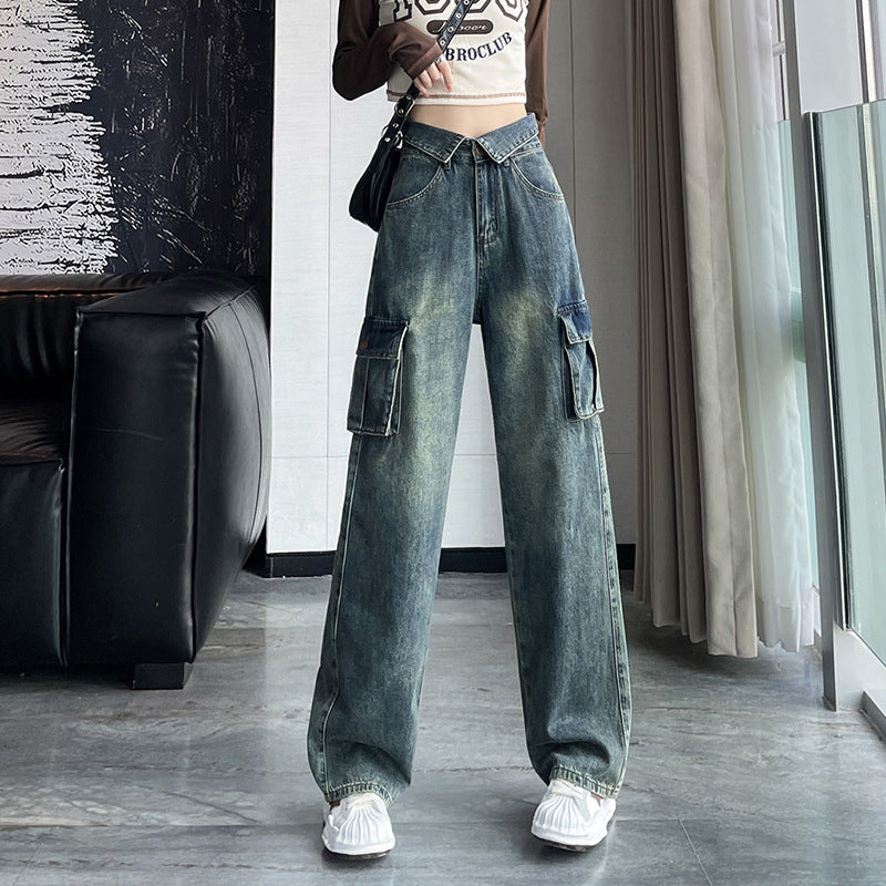 Territory 90s streetwear American Retro Workwear Jeans Women's Spring and Autumn Sweet Cool High Waist Flanging Drape Loose Straight Wide Leg Pants