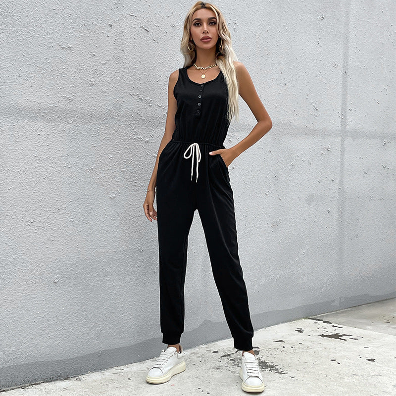 PEOPLETERRITORY New Popular trade women's clothing popular spring and summer new casual sports drawstring solid color vest knitted jumpsuit