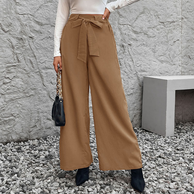 PEOPLETERRITORY popular  autumn new solid color lace-up high-waisted straight wide-leg pants simple high-end versatile trousers women