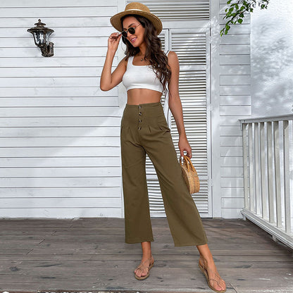 PEOPLETERRITORY New Cross-border New popular Summer 2025 Nine-point Pants High Waist Cotton and Linen Slim-fit Micro Flared Pants Women