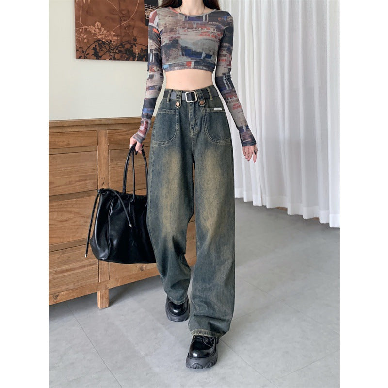 Territory frat boy outfits Autumn New plus Size High Waist Straight Slimming Versatile Draping Fashion Narrow Denim Wide Leg Pants