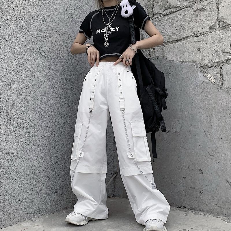 Territory concert outfit Women's Wide-Leg Pants Korean-Style Ins Retro White Pants Overalls High Waist Loose Straight Pants for Students Fashionable Mopping Pants