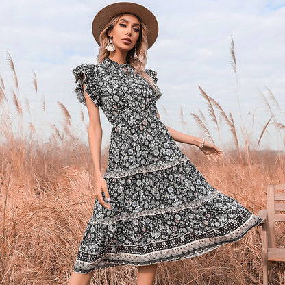 PEOPLETERRITORY 2023 cross-border ethnic style floral dress summer  new v-neck horn sleeve 2025 dress