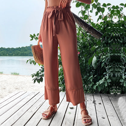 PEOPLETERRITORY popular summer casual splicing pants 2025 Popular trade hot sale nine-point straps New Popular trade elastic wide-leg pants women